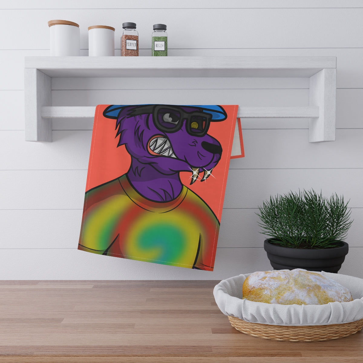 Wolf Cyborg Tie Dye Swirl Shirt Fange Teeth Blue Bucket Hat Purple Fur Tea Kitchen Towel