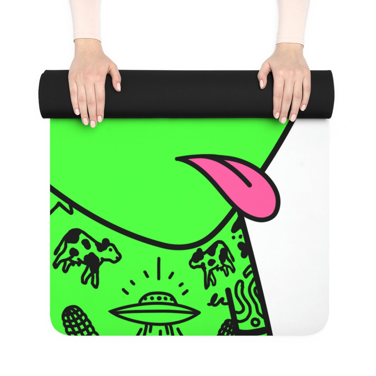 Pink Tongue Peace Hat Alien Tattoos UFO Space Extraterrestrial Visitor Rubber Yoga Mat