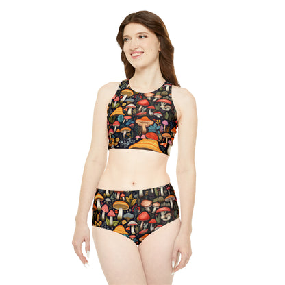 Fairy-Tale Fungi: Whimsical Assorted Mushroom Pattern Design Sporty Bikini Set (AOP)