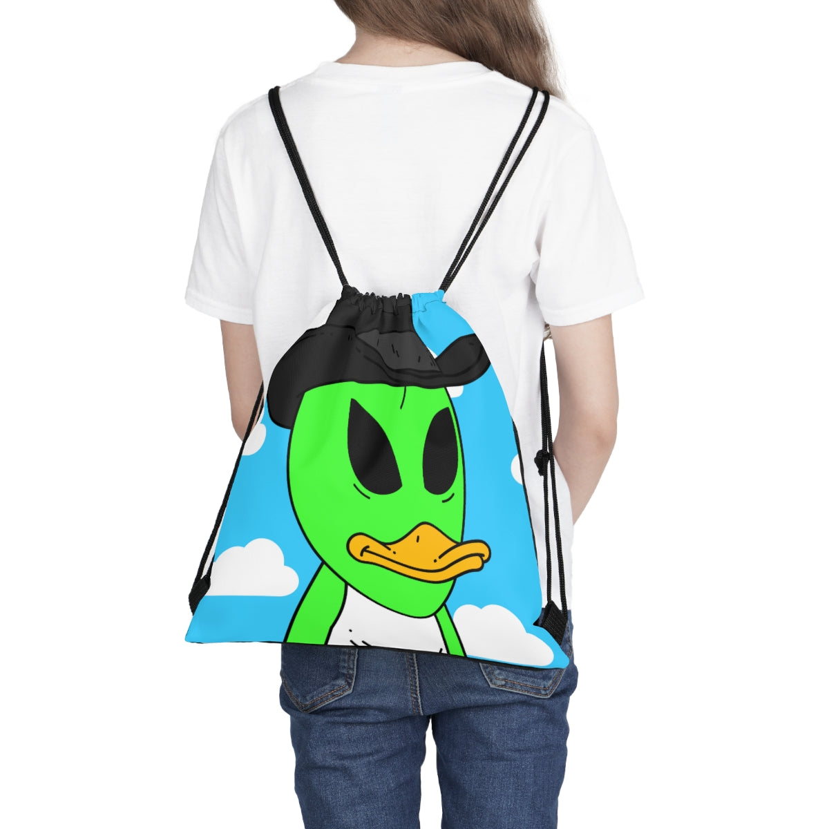 The Visitors Green Alien Duck Black Top Hat Outdoor Drawstring Bag