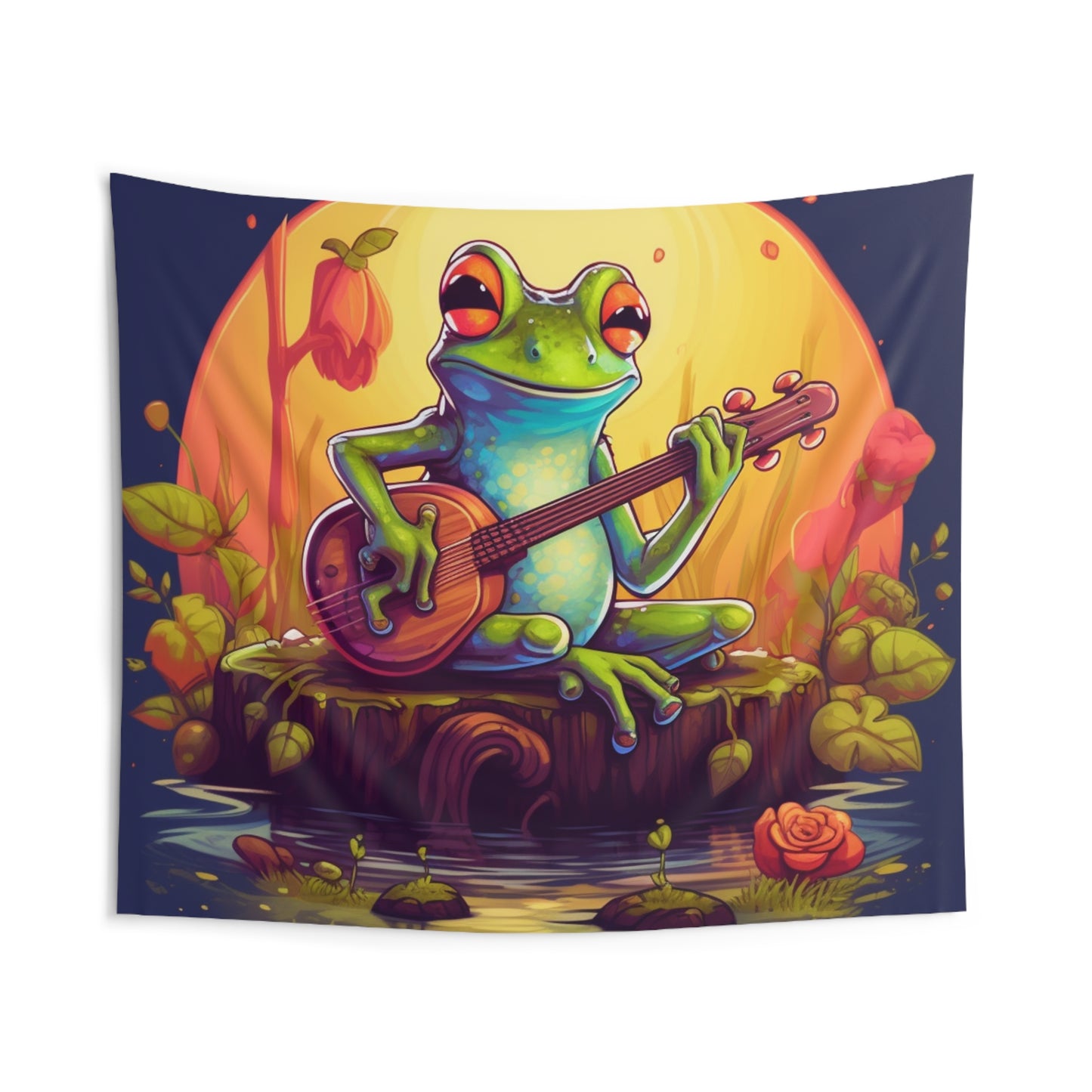 Log Frog Playing Instrument Tune Music Outdoor Swamp Graphic Indoor Wall Tapestries