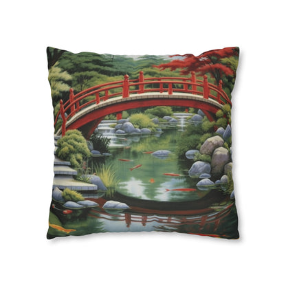 Japanese Garden Art - Tranquil Koi Pond Red Bridge Spun Polyester Square Pillow Case