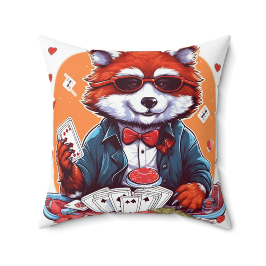 Almohada cuadrada de poliéster hilado con gráfico de anime de jugador de cartas de póker de Red Panda 