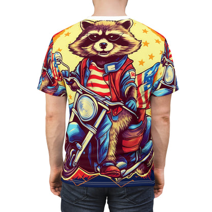 Red White and Blue American Raccoon Biker Motorcyclist Graphic Unisex Cut & Sew Tee (AOP)