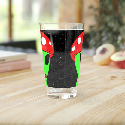 Mushroom Head Green Alien Visitor w/ Red Lips Pint Glass, 16oz