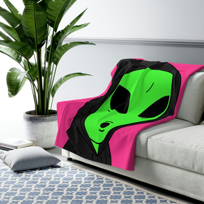 The Visitor Green Alien Black Hoodie Hood Pink Background Sherpa Fleece Blanket