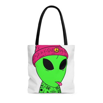Pink Tongue Peace Hat Alien Tattoos UFO Space Extraterrestrial Visitor AOP Tote Bag