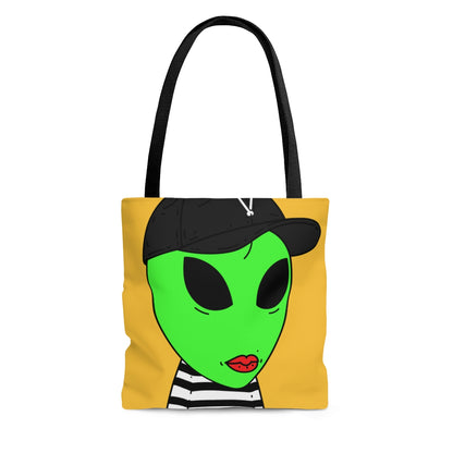 Black Striped Shirt Visitor Green Alien Black Cap V Lipstick AOP Tote Bag