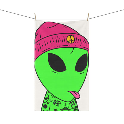 Toalla de cocina con lengua rosa, sombrero de paz, tatuajes extraterrestres, OVNI, espacio, visitante extraterrestre 