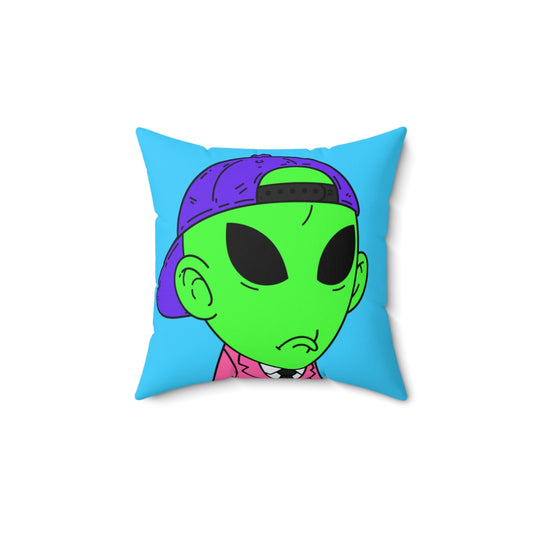 Pink Suit Small Ears Sad Face Purple Hat Green Visitor Spun Polyester Square Pillow