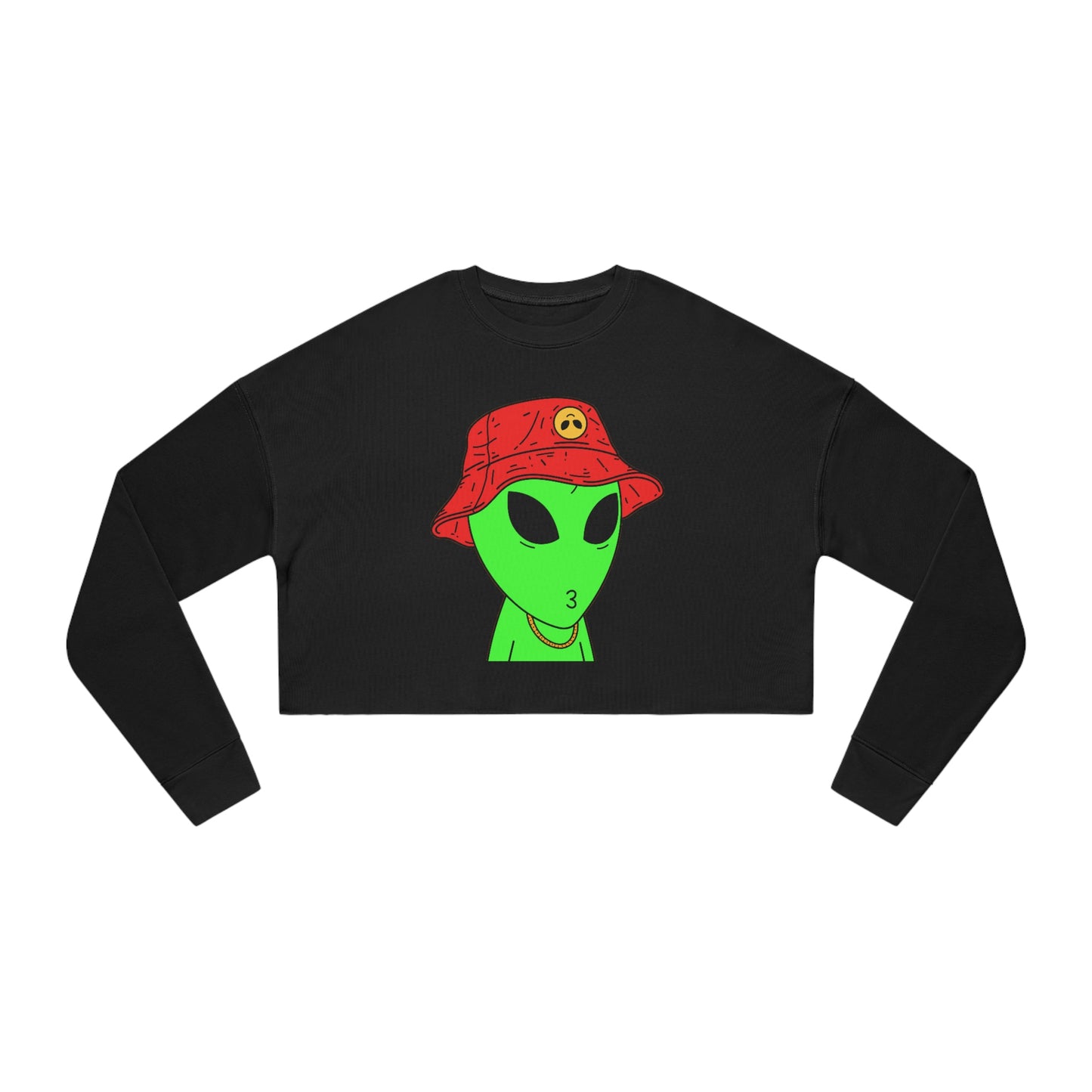 Visitor Green Alien Kiss Face Gold Chain Red Hat Women's Cropped Sweatshirt