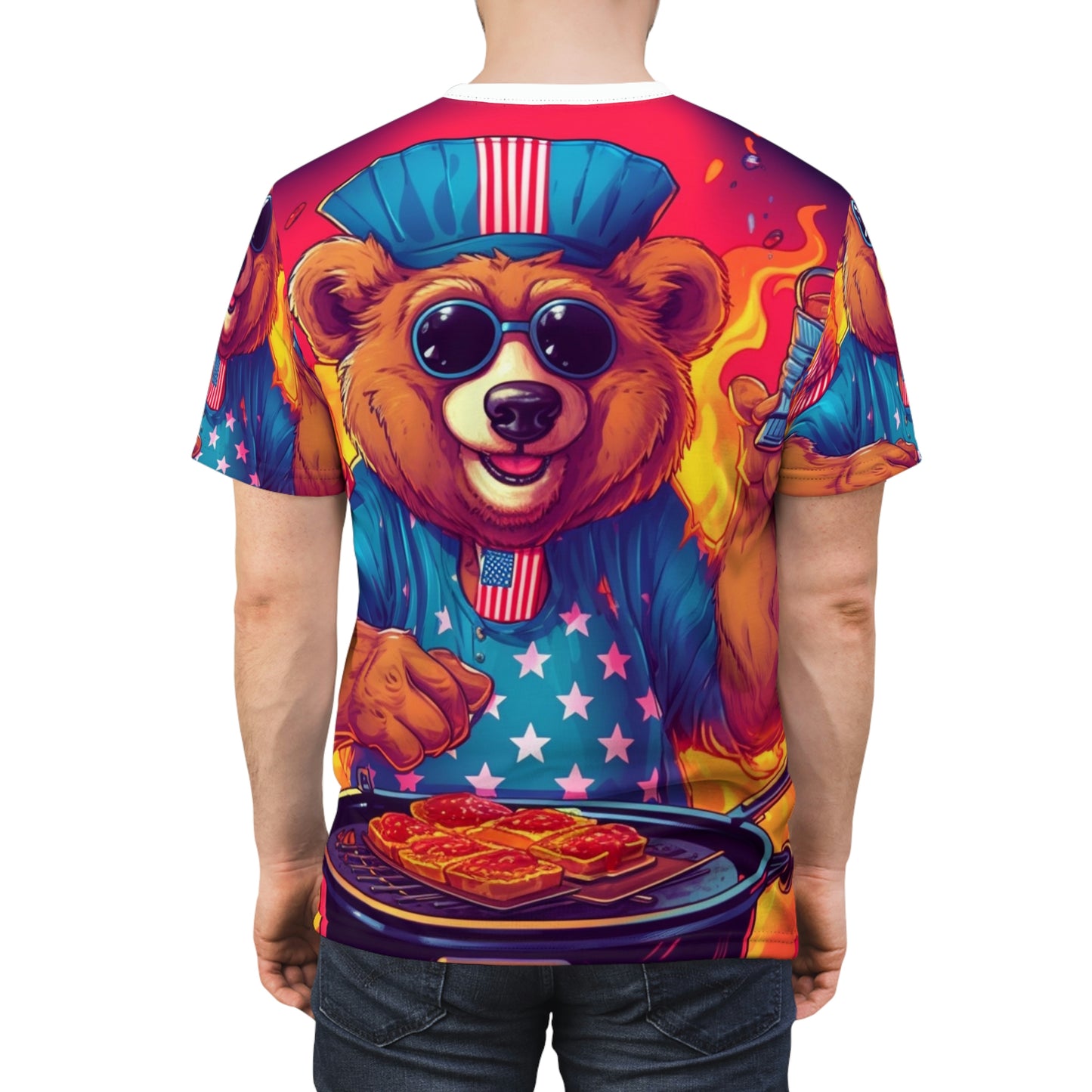 Patriotic Bear's BBQ Bash: Grill and Chill this of July 4 USA ユニセックス カットソー Tシャツ (AOP) 