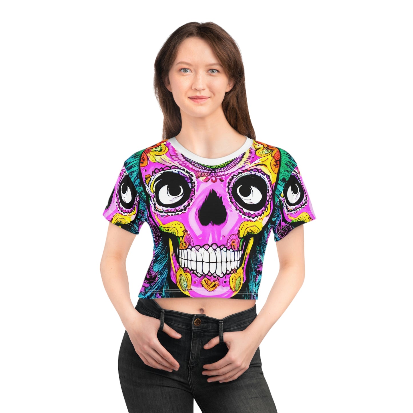 Trippy psychedelic Skull Skeleton Head Face AOP Crop Tee