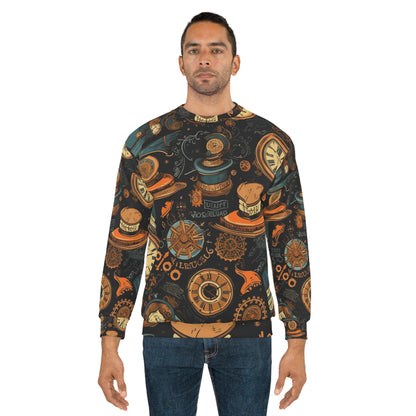 Estética Steampunk: sudadera unisex con diseño de engranajes, sombreros de copa y relojes vintage (AOP) 