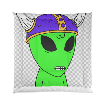 Cama de visitante extraterrestre con dientes digitales y casco vikingo morado Colcha