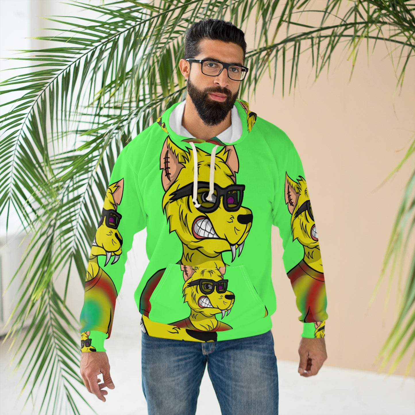 Wolve Cyborg Tie Dye Wolf Shirt Yellow Fur Cool Sun Glasses AOP Unisex Pullover Hoodie