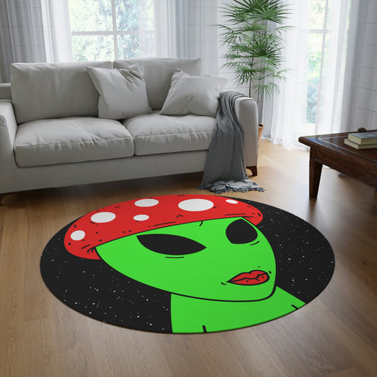 Mushroom Head Green Alien Visitor w/ Red Lips Round Rug - Visitor751