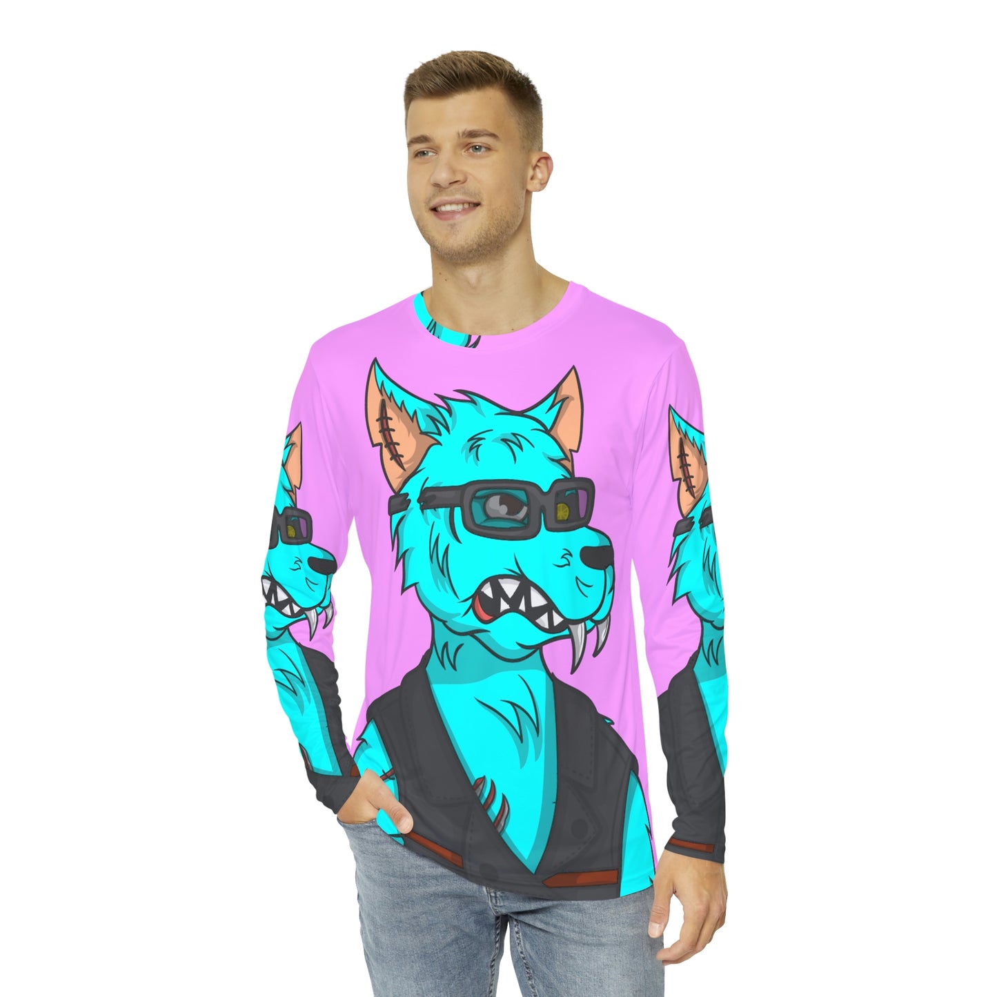 Aqua Water Blue Wolf Cyborg Men's Long Sleeve AOP Shirt