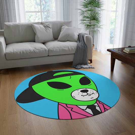 White Bear Dog Face Pink Suit Green Alien Visitor Black Cap Round Rug - Visitor751