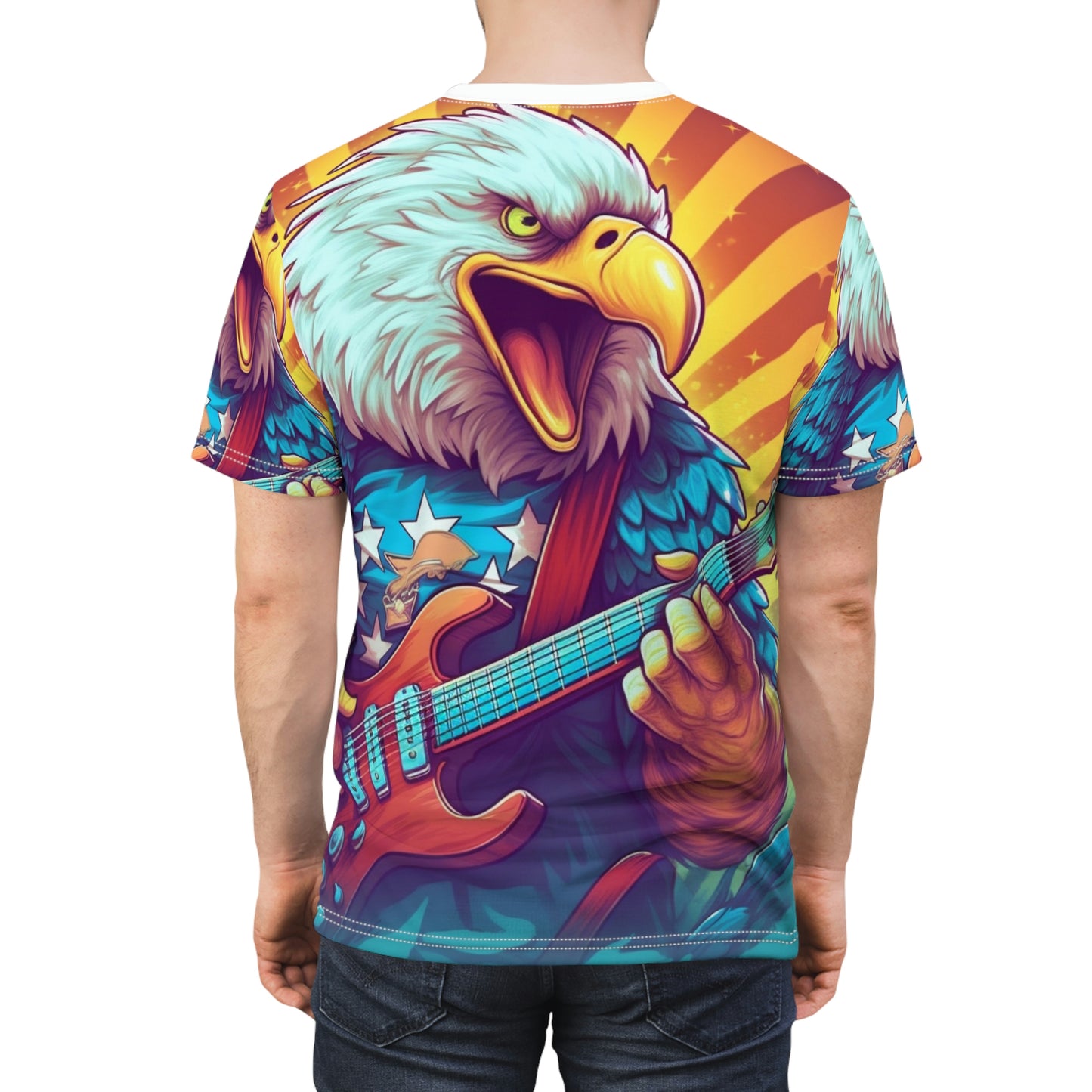 Artistic Graphic of the Guitar-Playing American Bald Eagle Unisex Cut & Sew Tee (AOP)