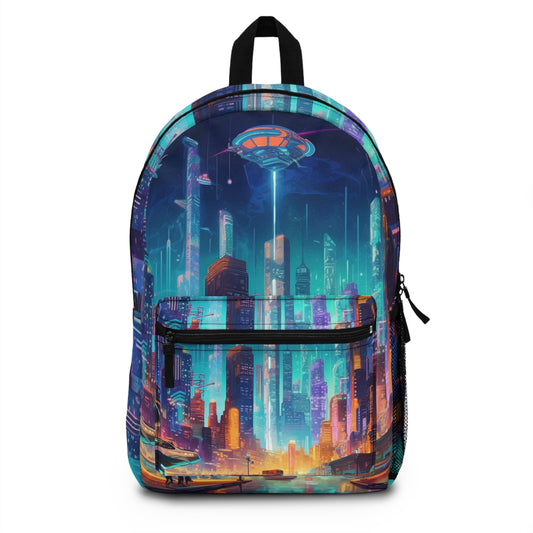 Diseño de arte de paisaje urbano Cyberpunk de neón futurista Mochila