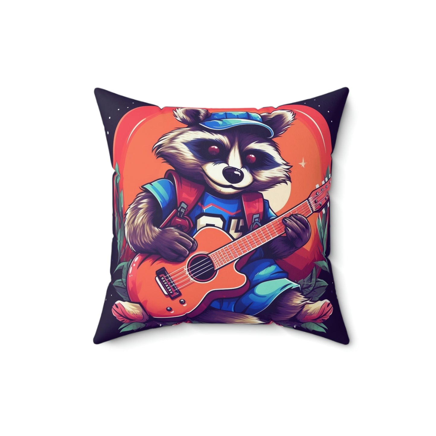 Mapache de guitarra acústica - Almohada cuadrada de poliéster hilado con decoración de músico animal peludo 