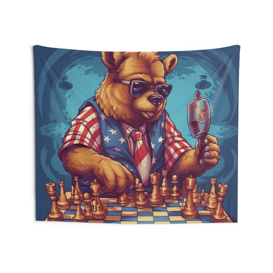 Checkmate Patriotism: Patriotic Bear's Chess Game 4th of July Style Indoor Wall Tapestries