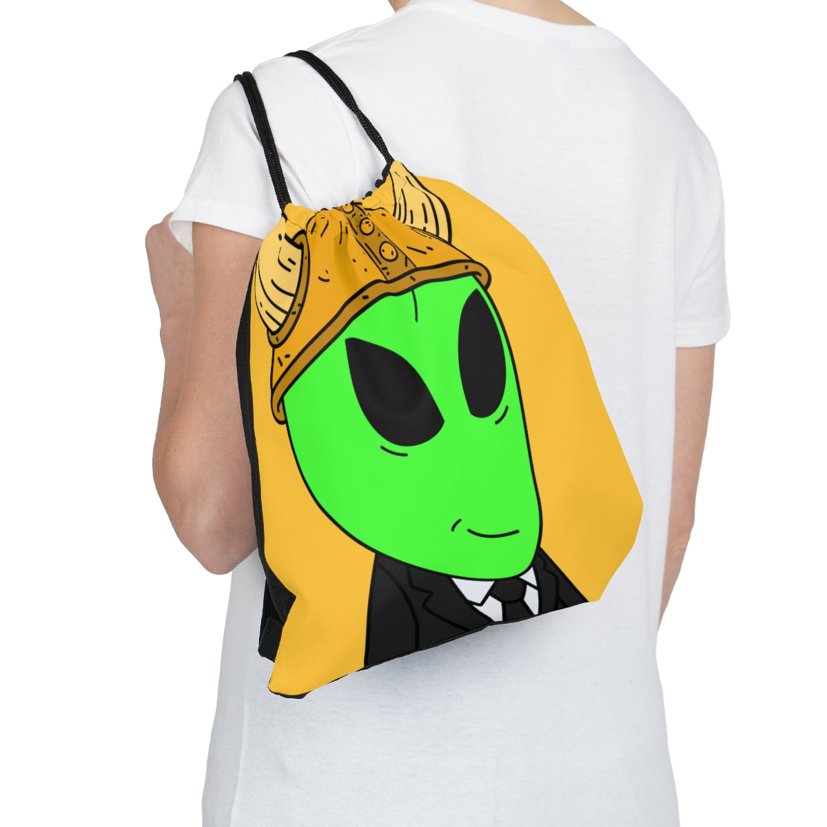 Green Smirk Face Alien Viking Helmet Black Business Suit Visitor Outdoor Drawstring Bag