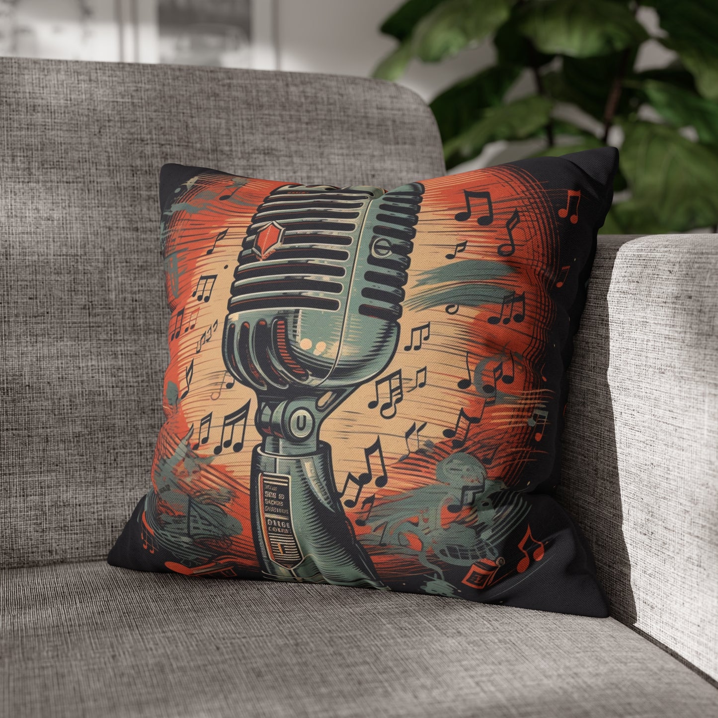 Micrófono retro y notas musicales - Funda de almohada cuadrada de poliéster hilado con diseño de estilo vintage 