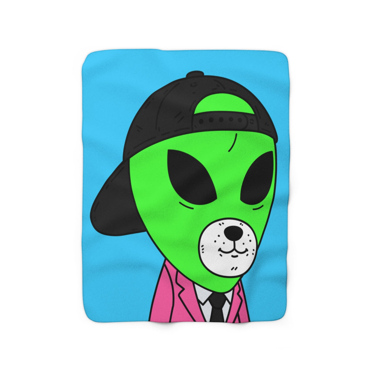 White Bear Dog Face Pink Suit Green Alien Visitor Black Cap Sherpa Fleece Blanket