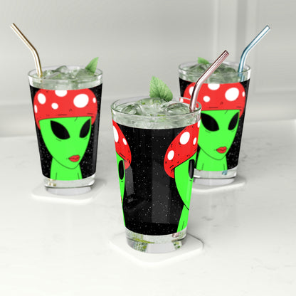 Mushroom Head Green Alien Visitor w/ Red Lips Pint Glass, 16oz