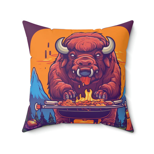 American Bison Grill Cook Food Buffalo Graphic Spun Polyester Square Pillow