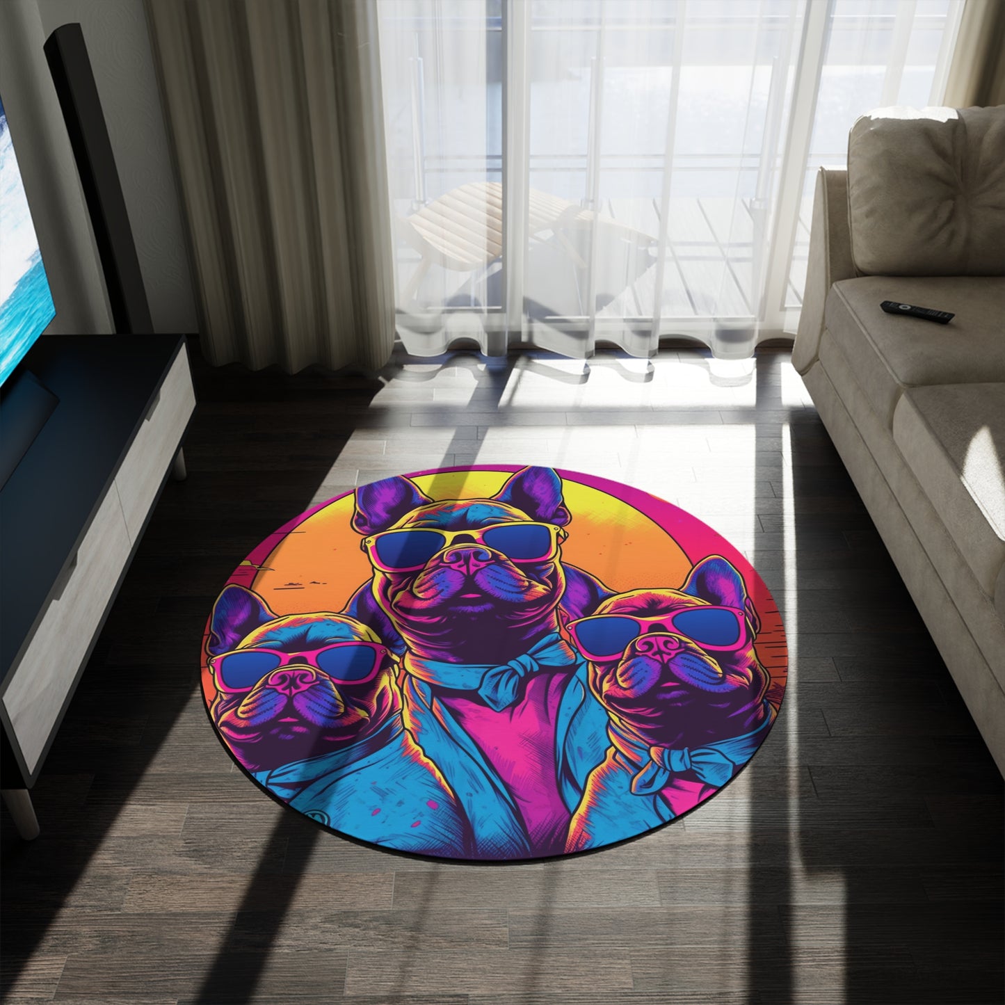 Retro Synthwave French Bulldogs Cartoon - Animated Summer Design Round Rug