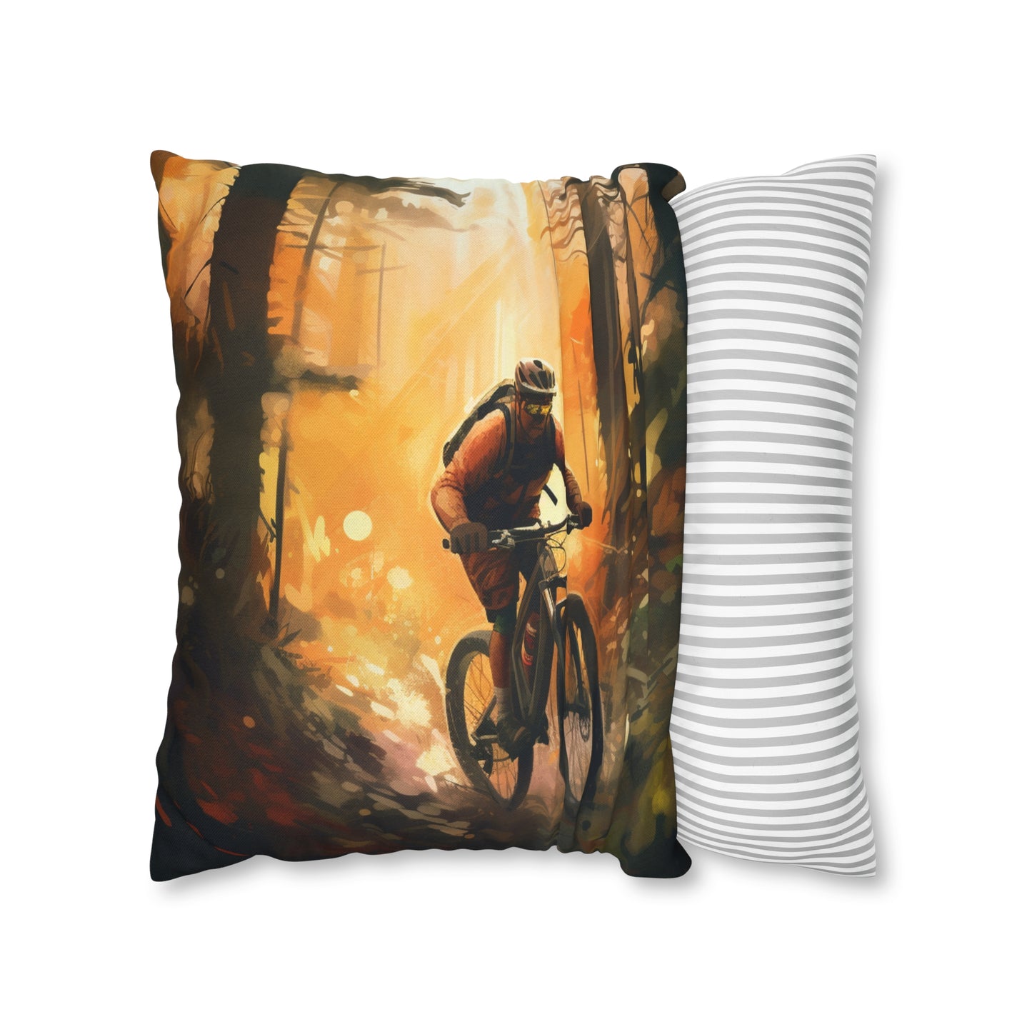 Mountain Bike Adventure - Forest Trail Graphic Spun Polyester Square Pillow Case