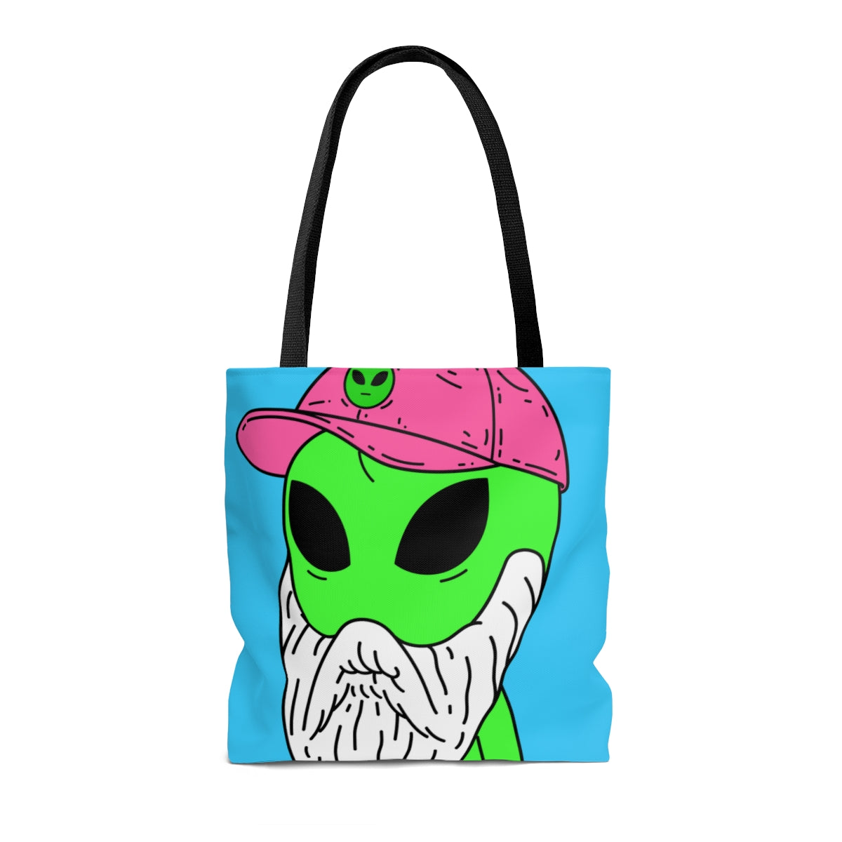 Bearded Green Visitor Pink Alien Hat Cartoon Comic AOP Tote Bag