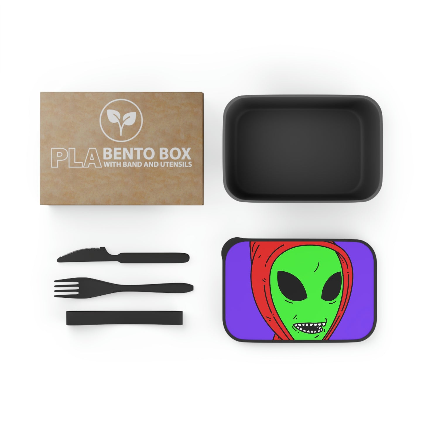 Red Hooded Green Visitor Big Bite Teeth PLA Bento Box with Band and Utensils