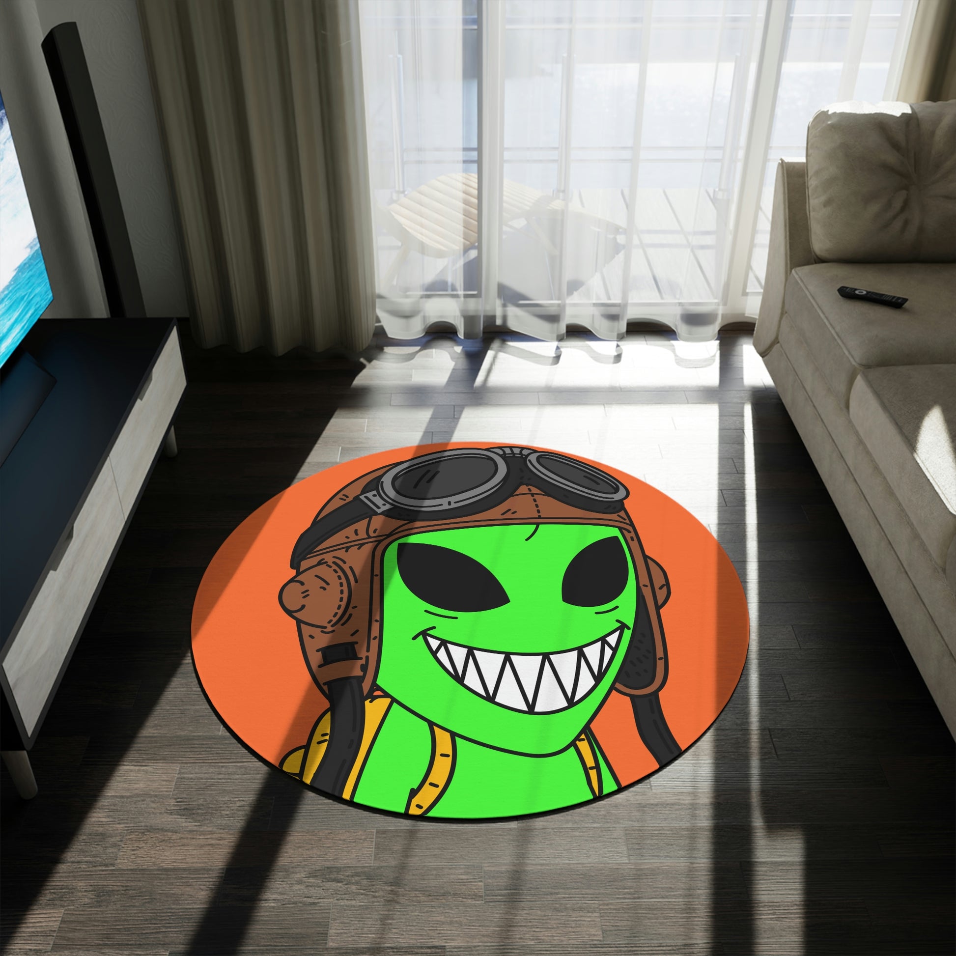 Aviator Flying Cap Green Alien Visitor Big Smile Teeth Yellow Backpack Round Rug - Visitor751