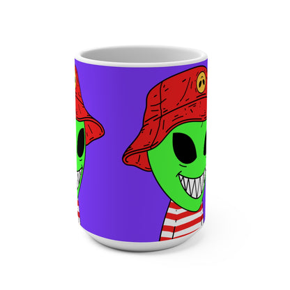 Alien Character Cartoon Red Hat Striped Shirt Big Smile Mug 15oz