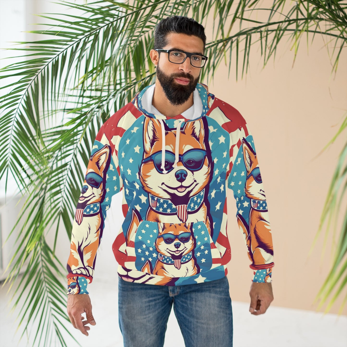 Patriótico Shiba Inu Retro Cartoon -Synthwave Summer Animation Sudadera con capucha unisex (AOP) 