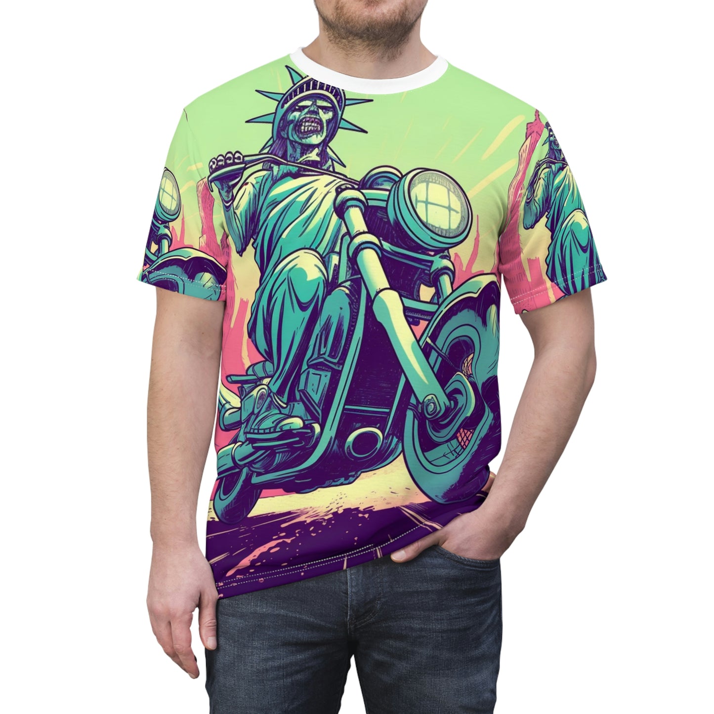 Statue of Liberty Motorcycle Bike Rider USA Style Unisex Cut & Sew Tee (AOP)