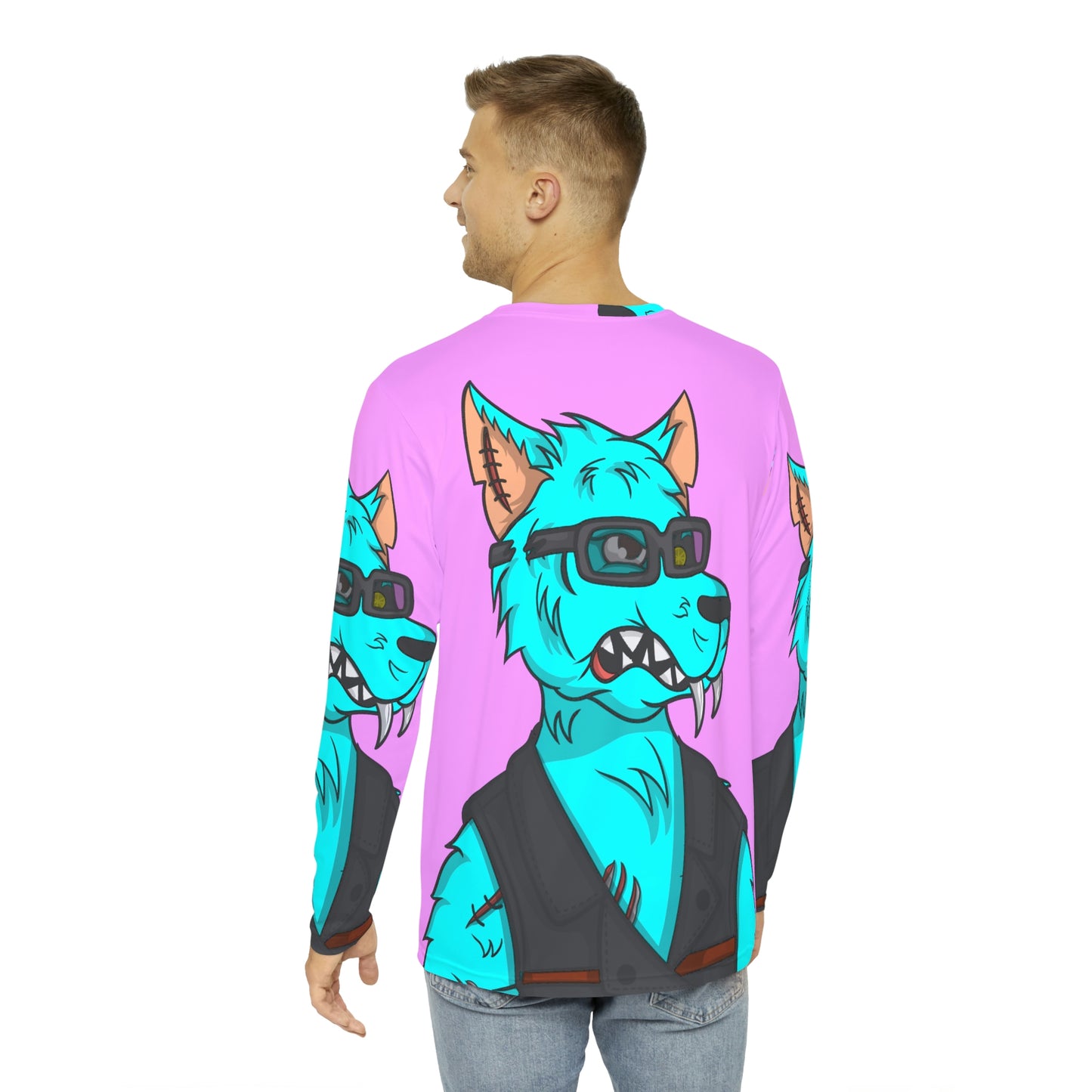 Aqua Water Blue Wolf Cyborg Men's Long Sleeve AOP Shirt