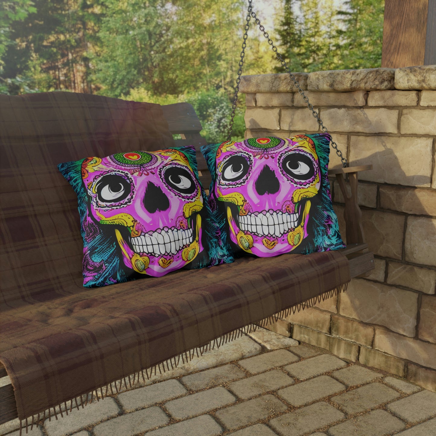 Trippy psychedelic Skull Skeleton Head Face Outdoor Pillows