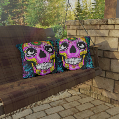 Trippy psychedelic Skull Skeleton Head Face Outdoor Pillows