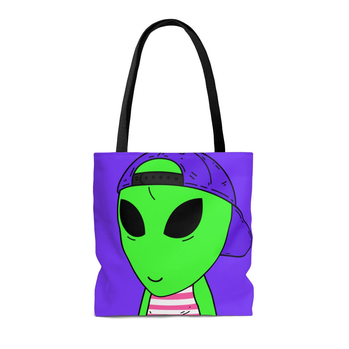 Purple Hat Green Alien Smile Visitor Red White Striped Tank Top AOP Tote Bag