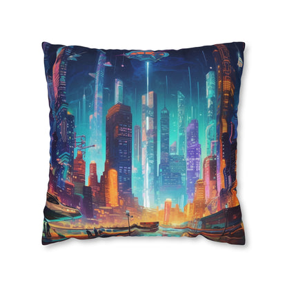 Futuristic Neon Cyberpunk Cityscape Art Design Spun Polyester Square Pillow Case