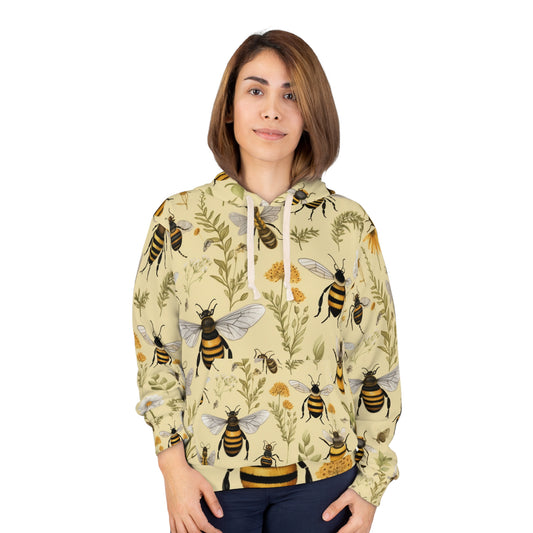 Sudadera con capucha unisex con diseño de patrones respetuosos con la naturaleza, abejas y panales caprichosos (AOP) 