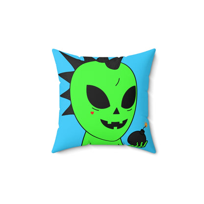 Green Alien Black Spiked Hair Pumkin Face Bomb Visitor Spun Polyester Square Pillow