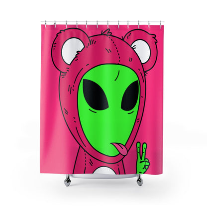 Cortinas de ducha con lengua afuera, oso rosa, verde, paz, mano, visitante espacial