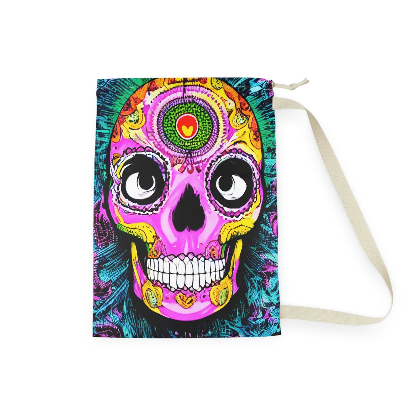 Trippy psychedelic Skull Skeleton Head Face Laundry Bag