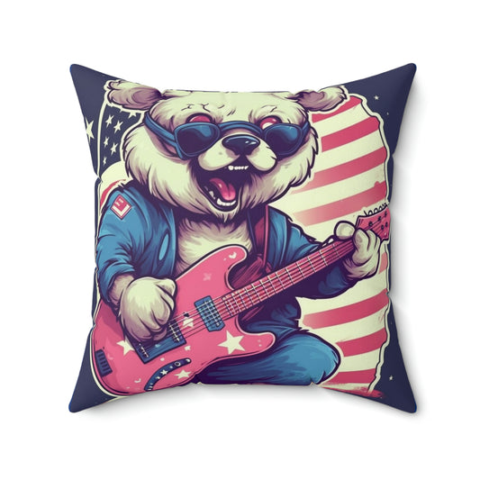 Independencia del Rock and Roll: Patriotismo Almohada cuadrada de poliéster hilado con guitarra del oso patriótico 